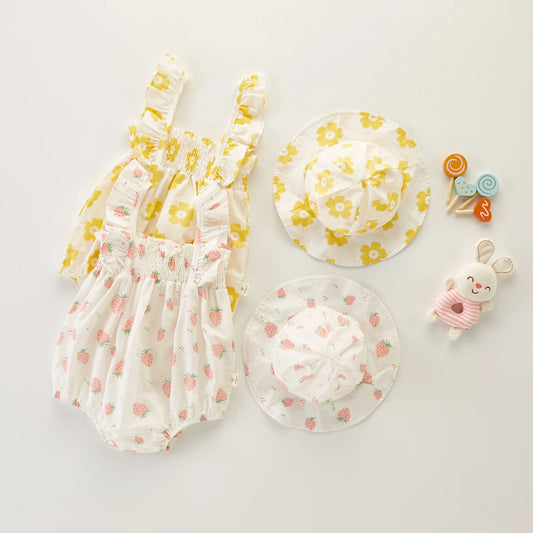 Ensemble estival pour bébés filles : Barboteuse florale et chapeau assorti pour un look ensoleillé !