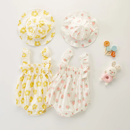 Ensemble estival pour bébés filles : Barboteuse florale et chapeau assorti pour un look ensoleillé !